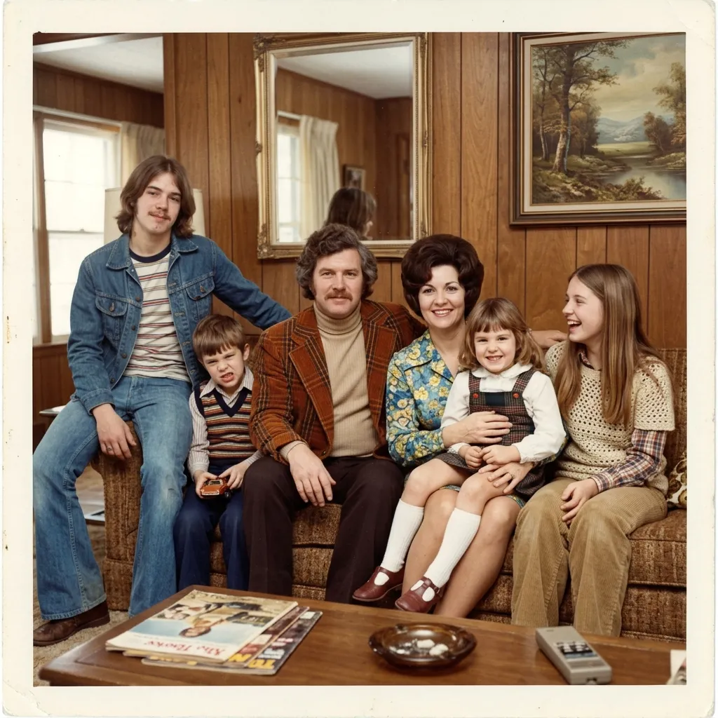 A classic 1970s family portrait of five sitting together on a patterned living room couch in front of wood-paneled walls.