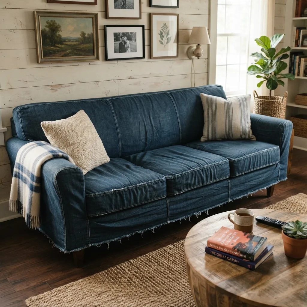 A living room featuring a blue denim-covered sofa decorated with throw pillows and a blanket, positioned in front of a white wood-paneled wall.