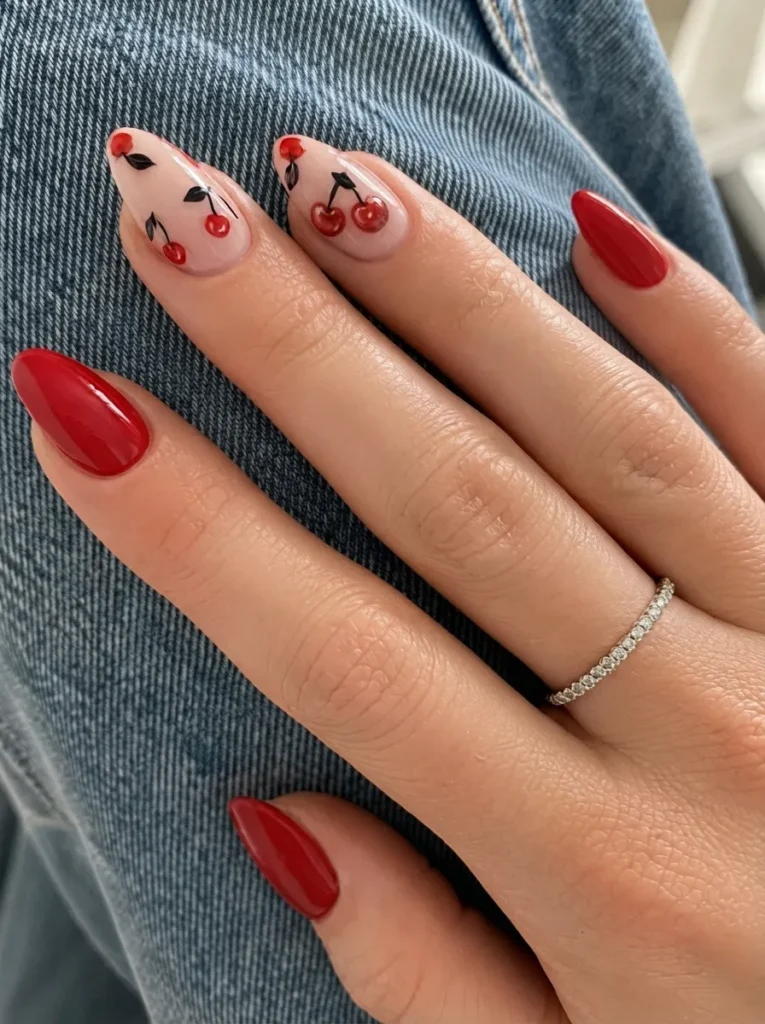 Close-up of almond-shaped nails featuring a mix of solid red polish and sheer nude nails adorned with hand-painted red cherry art against a denim background