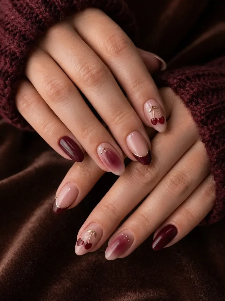 Two hands wearing a dark burgundy knit sweater showcasing a mix of solid burgundy polish, ombre gradient nails, and sheer nails featuring gold-accented cherry art.