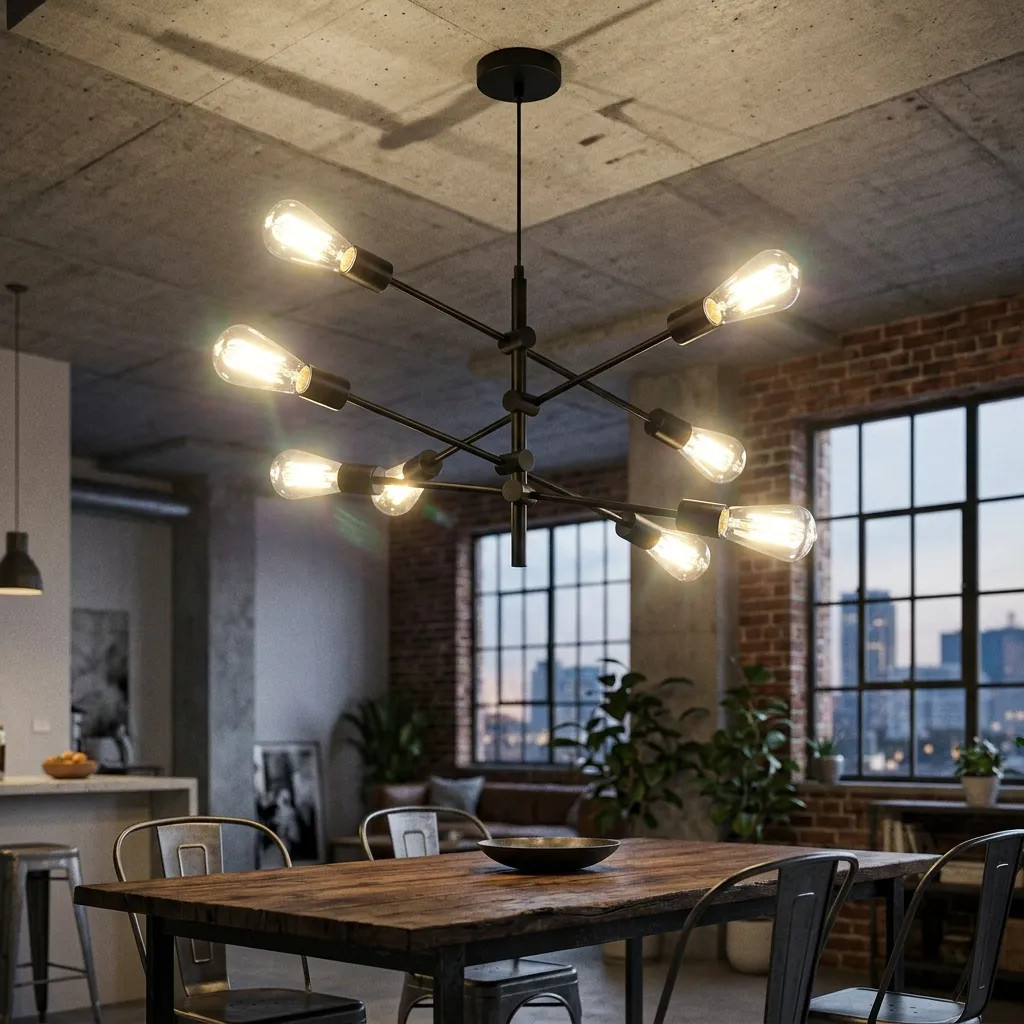 A modern black multi-arm ceiling chandelier with exposed Edison bulbs hanging above a rustic wooden dining table in a loft-style room.