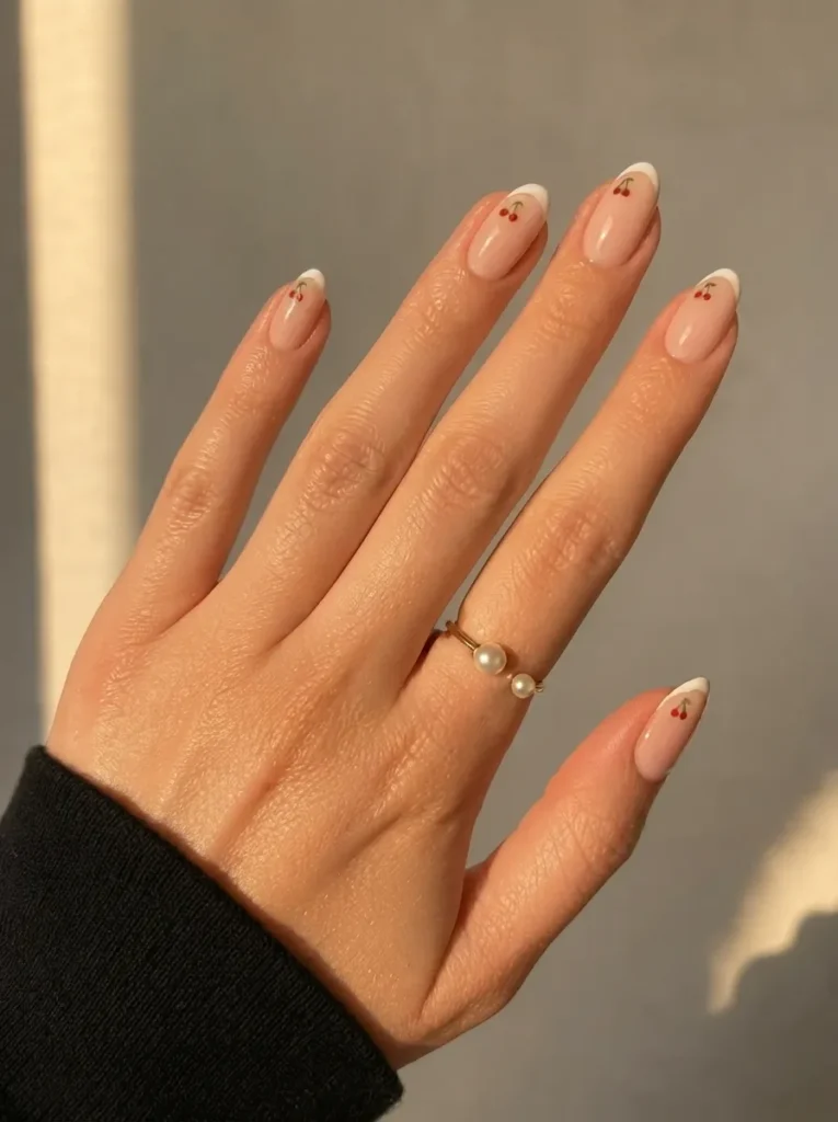 Elegant hand wearing a black sweater and a double-pearl ring, showcasing almond-shaped nails with subtle white French tips and tiny delicate cherry accent art.