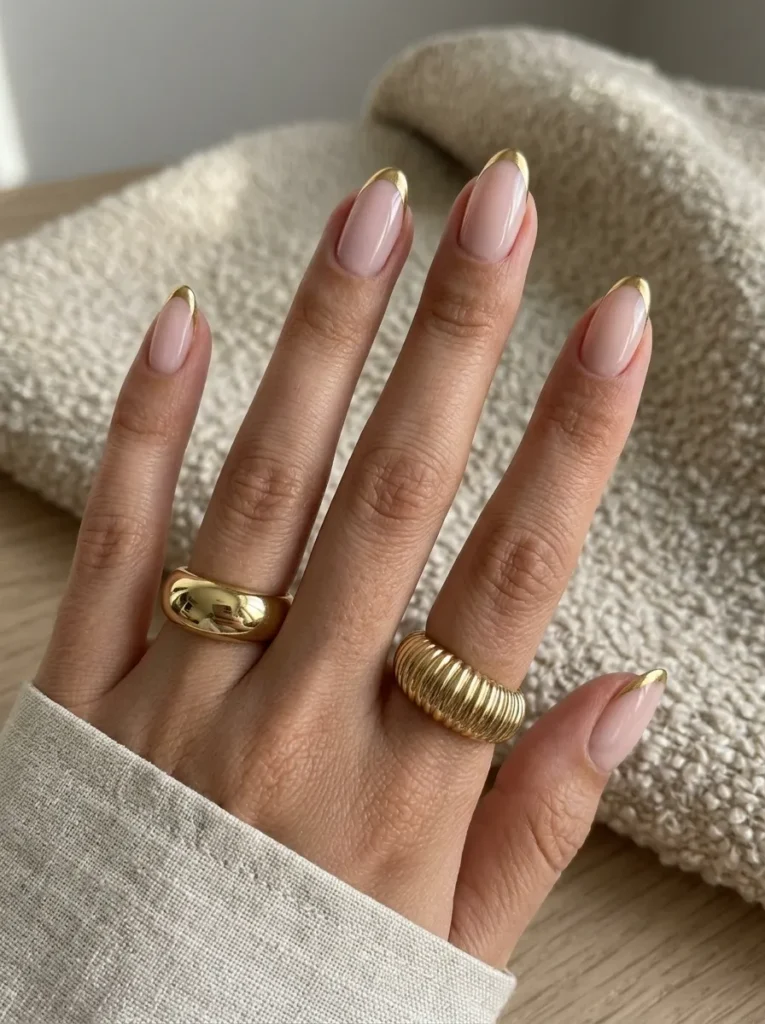 Classic nude almond nails with ultra-thin gold chrome french tips