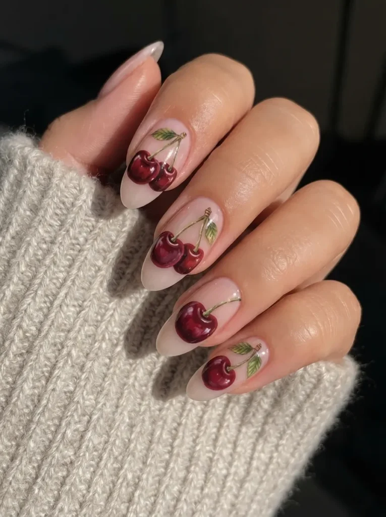 Detailed shot of elegant almond-shaped nails with a sheer neutral base featuring prominent, realistic 3D-style painted cherries with green leaves, worn with a cozy grey sweater.