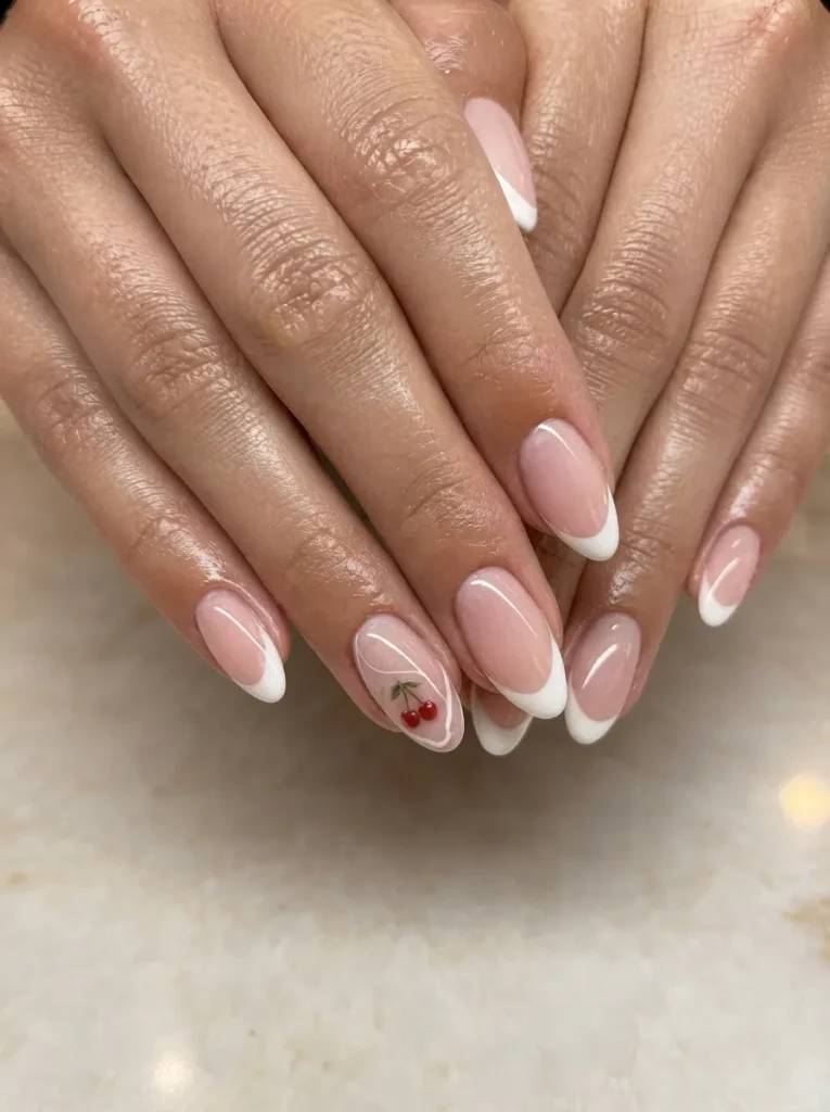 Two hands posed together displaying classic white French tip manicure on almond nails, with a single accent nail featuring detailed red cherry art and delicate white line work.