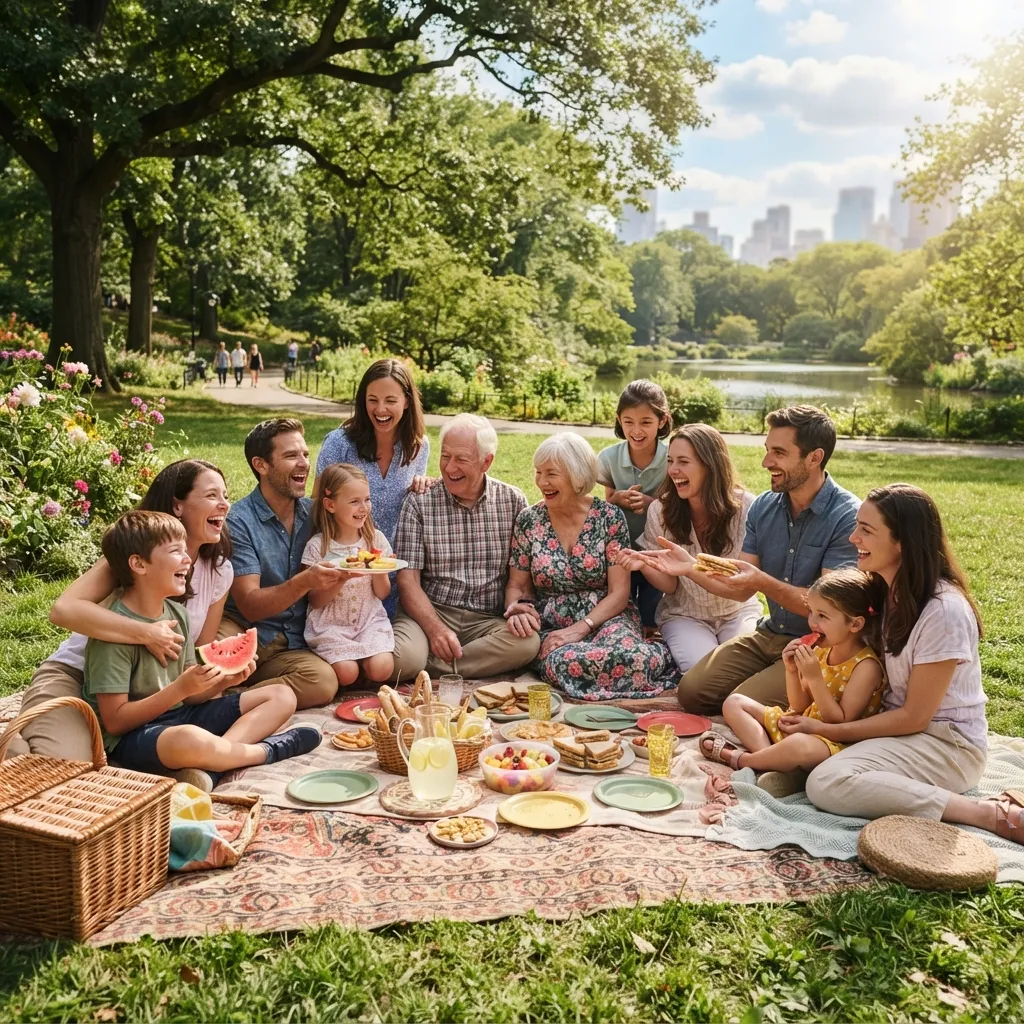 A large, multi-generational family laughing and enjoying a sunny picnic on a green park lawn next to a lake, with a picnic basket and food spread out on a patterned blanket.