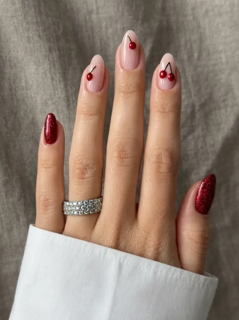 Hand wearing a white button-down shirt displaying almond nails with a combination of sparkling red glitter polish and sheer nude nails featuring minimalist cherry line art.
