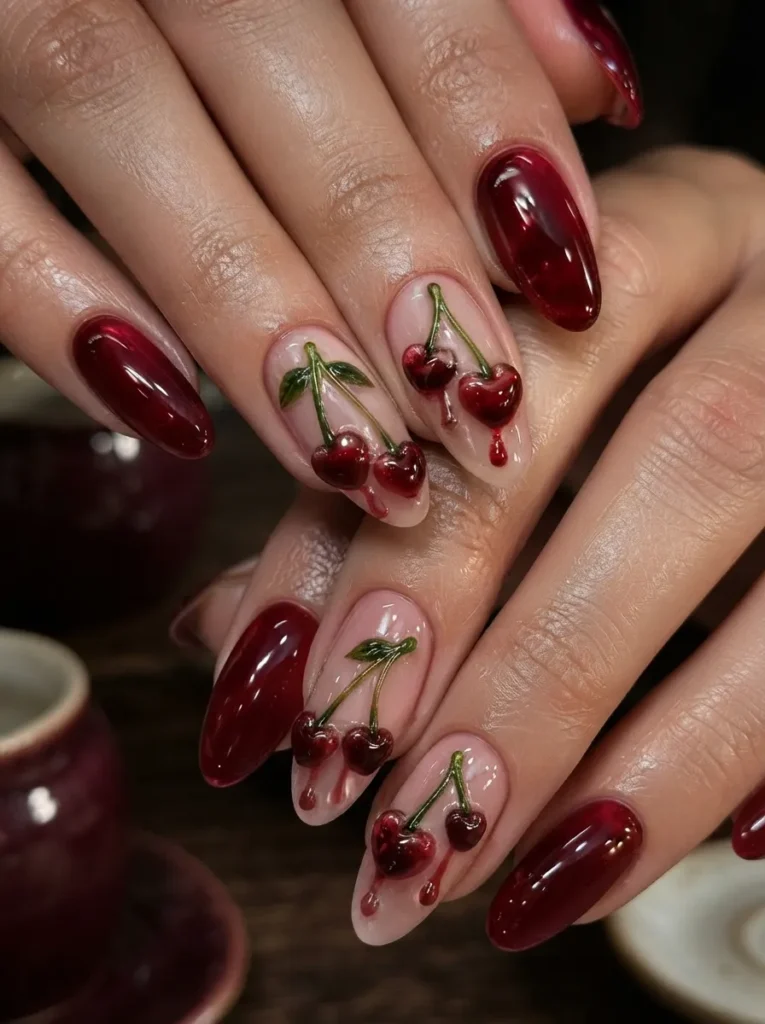 Close-up of hands displaying glossy deep red nails alongside sheer accent nails featuring dimensional 3D cherries with green stems and realistic red drip details.