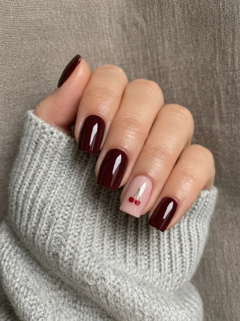 Short square nails featuring deep glossy burgundy polish paired with a single sheer accent nail decorated with a small red cherry design, shown against a grey sweater.