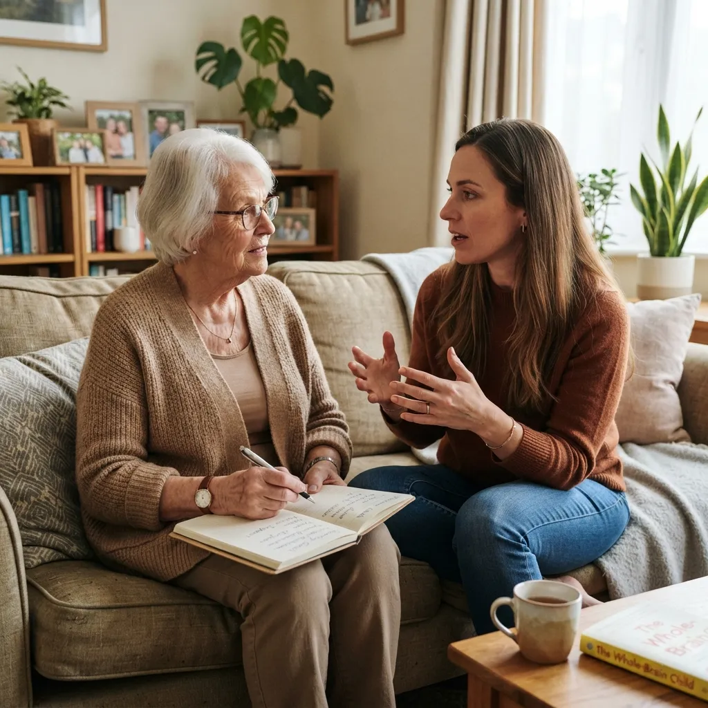 An older woman with white hair writing in a notebook while sitting on a couch, having a discussion with her adult daughter who is gesturing with her hands.
