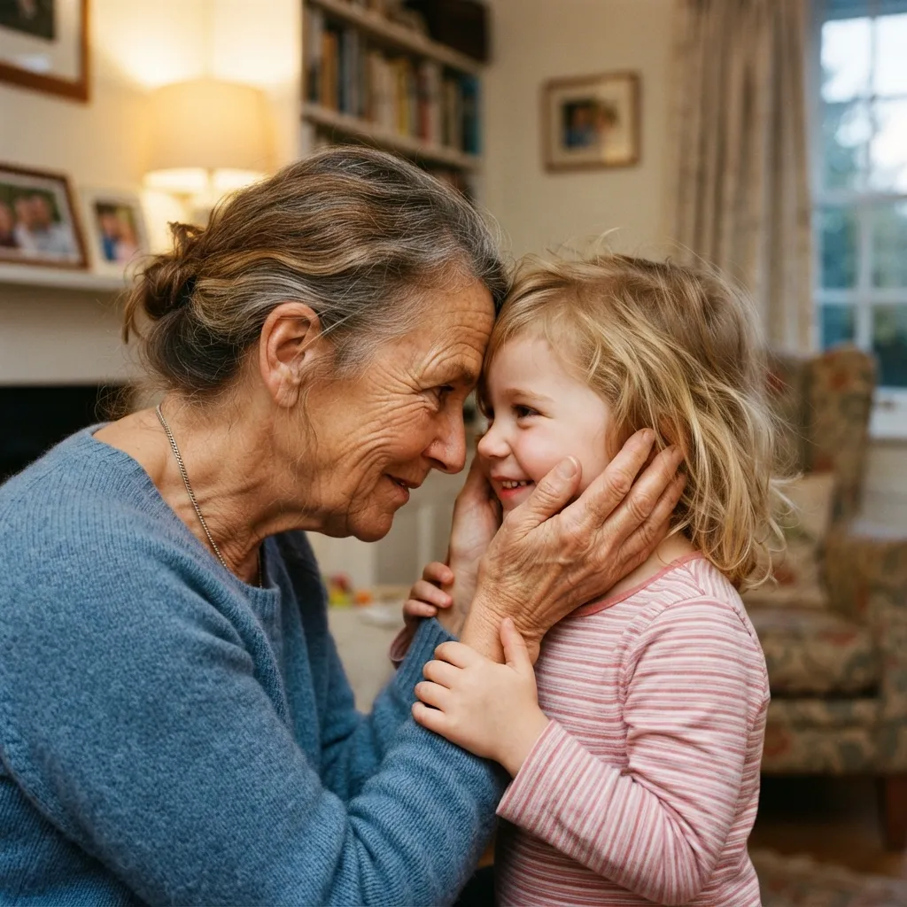 An affectionate grandmother gently holding her smiling young granddaughter's face, touching foreheads in a warm moment indoors.