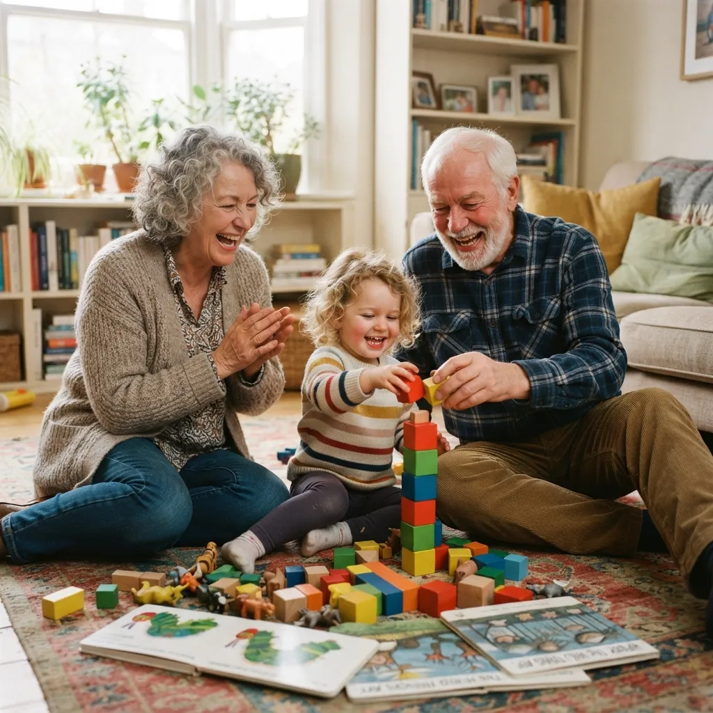 A smiling grandmother and grandfather sitting on a living room rug, happily playing with their young granddaughter as she builds a tower out of colorful wooden blocks.