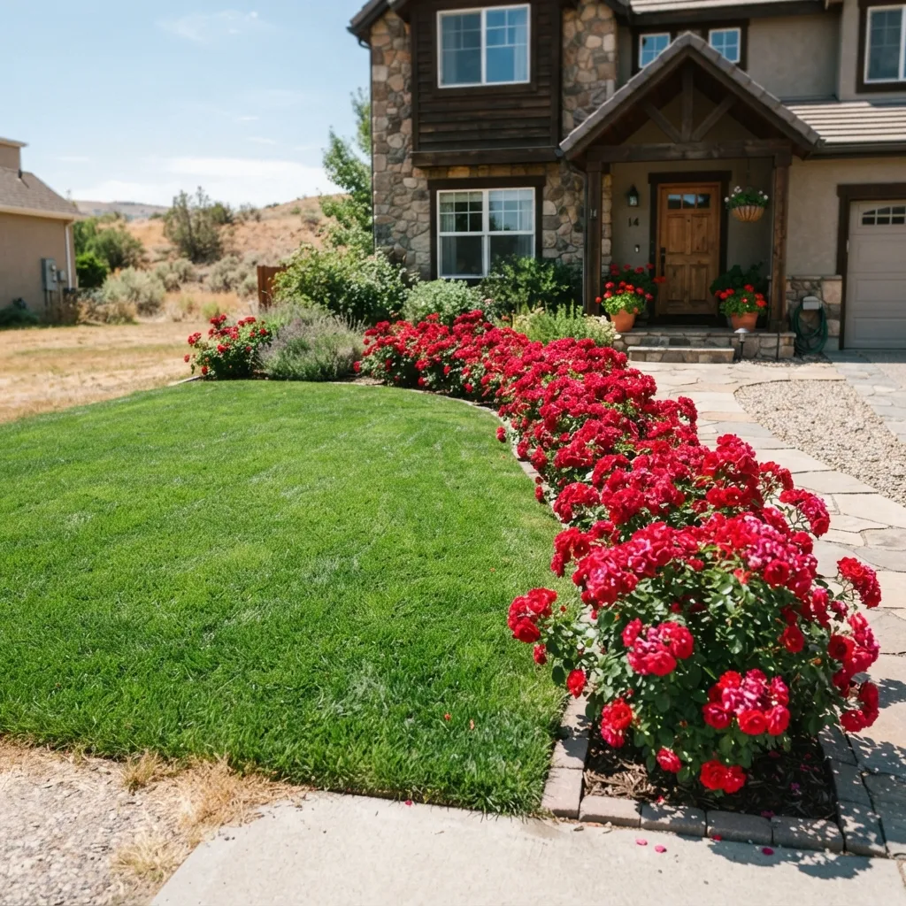 A vibrant green front lawn bordered by a long row of blooming red rose bushes and a stone paver pathway leading to the wooden front door of a stone and wood house.