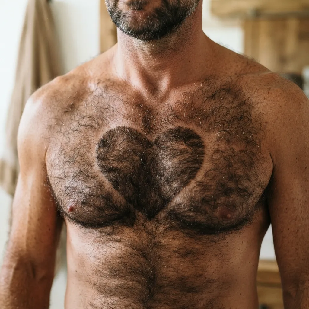 A shirtless man with a heart shape shaved into his thick chest hair.