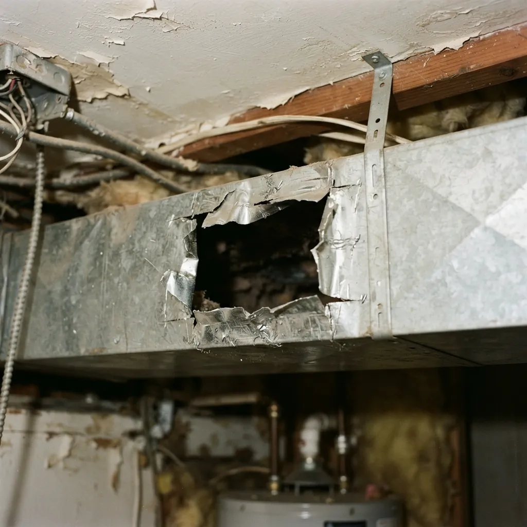 A jagged hole cut into a metal HVAC duct hanging from a damaged ceiling.