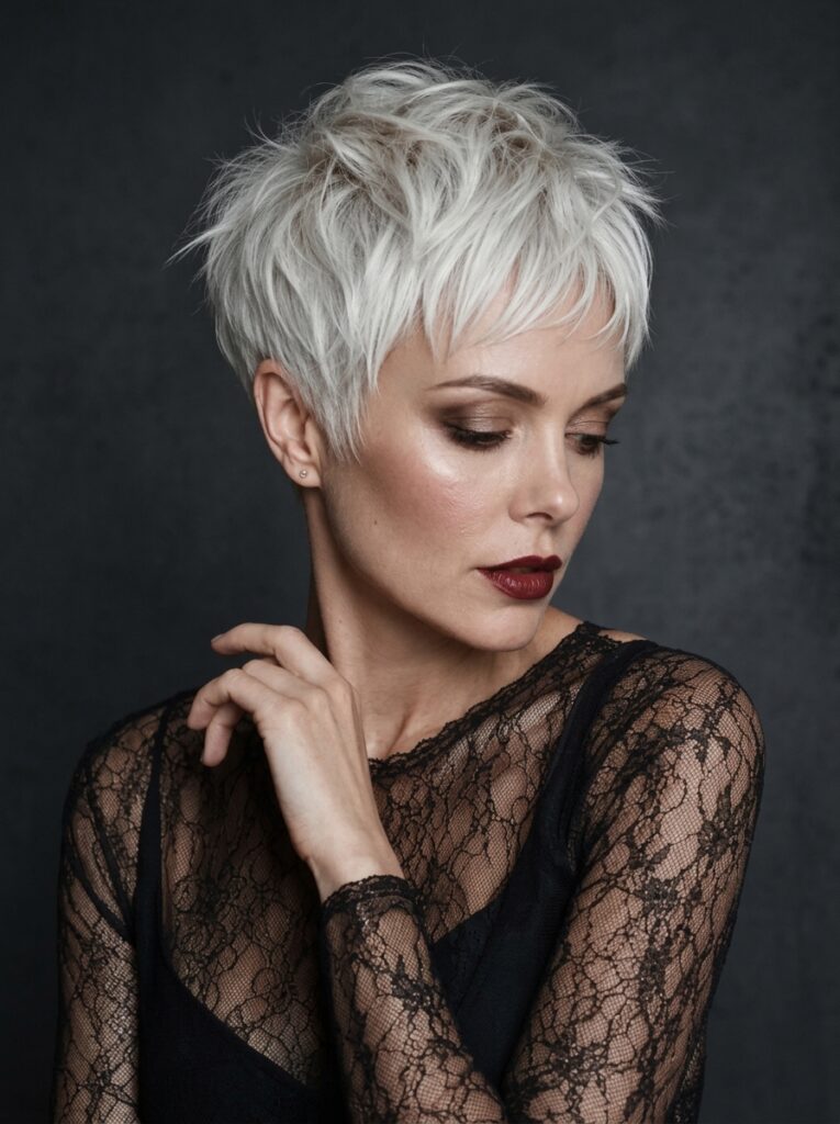 Woman with a textured icy white pixie haircut, dark lipstick, and a black lace top posing against a dark background.