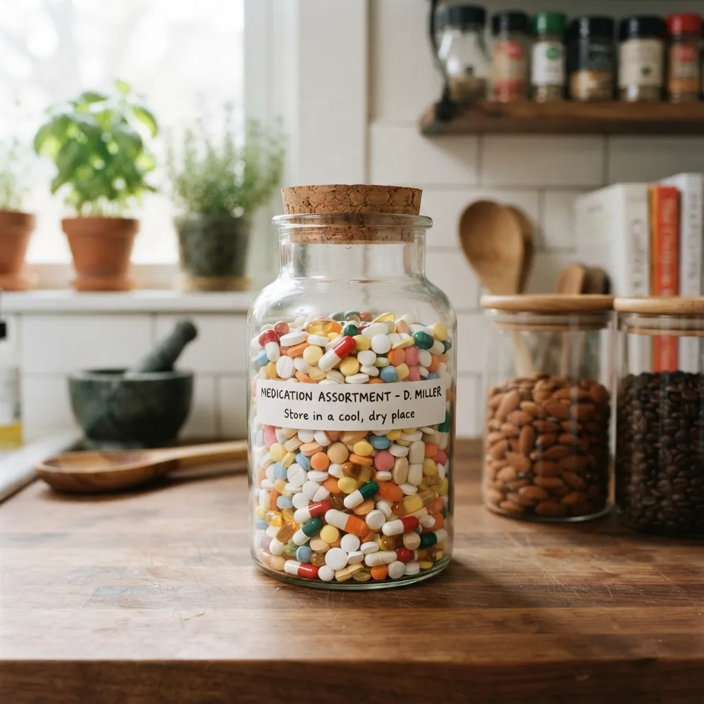 A glass jar with a cork lid filled with a colorful assortment of various pills and capsules, labeled "Medication Assortment - D. Miller".