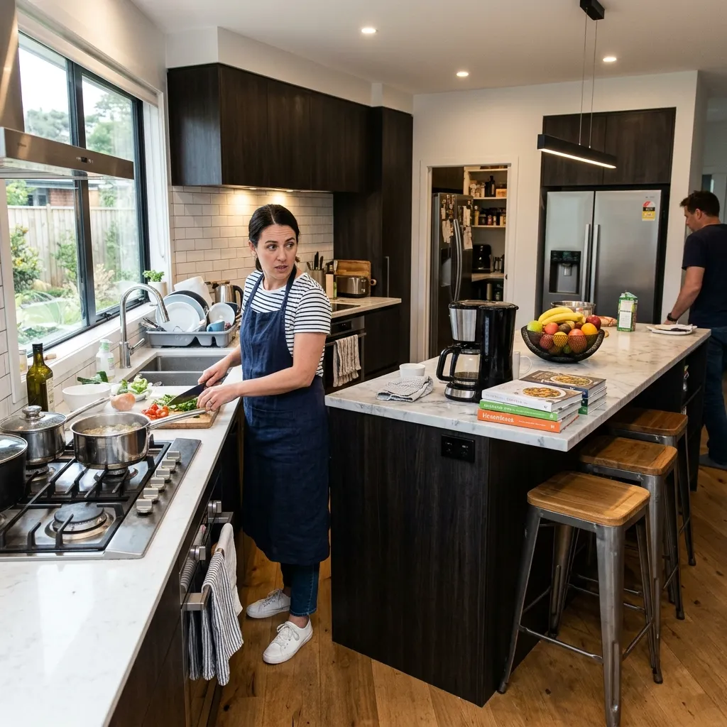 A woman in a blue apron prepping food at a kitchen counter while a person stands near the refrigerator and island in an open-concept kitchen.
