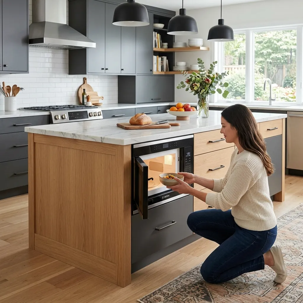 A woman kneeling next to a kitchen island with a built-in under-counter microwave, holding a bowl, in a modern kitchen with dark cabinets and wood floors.
