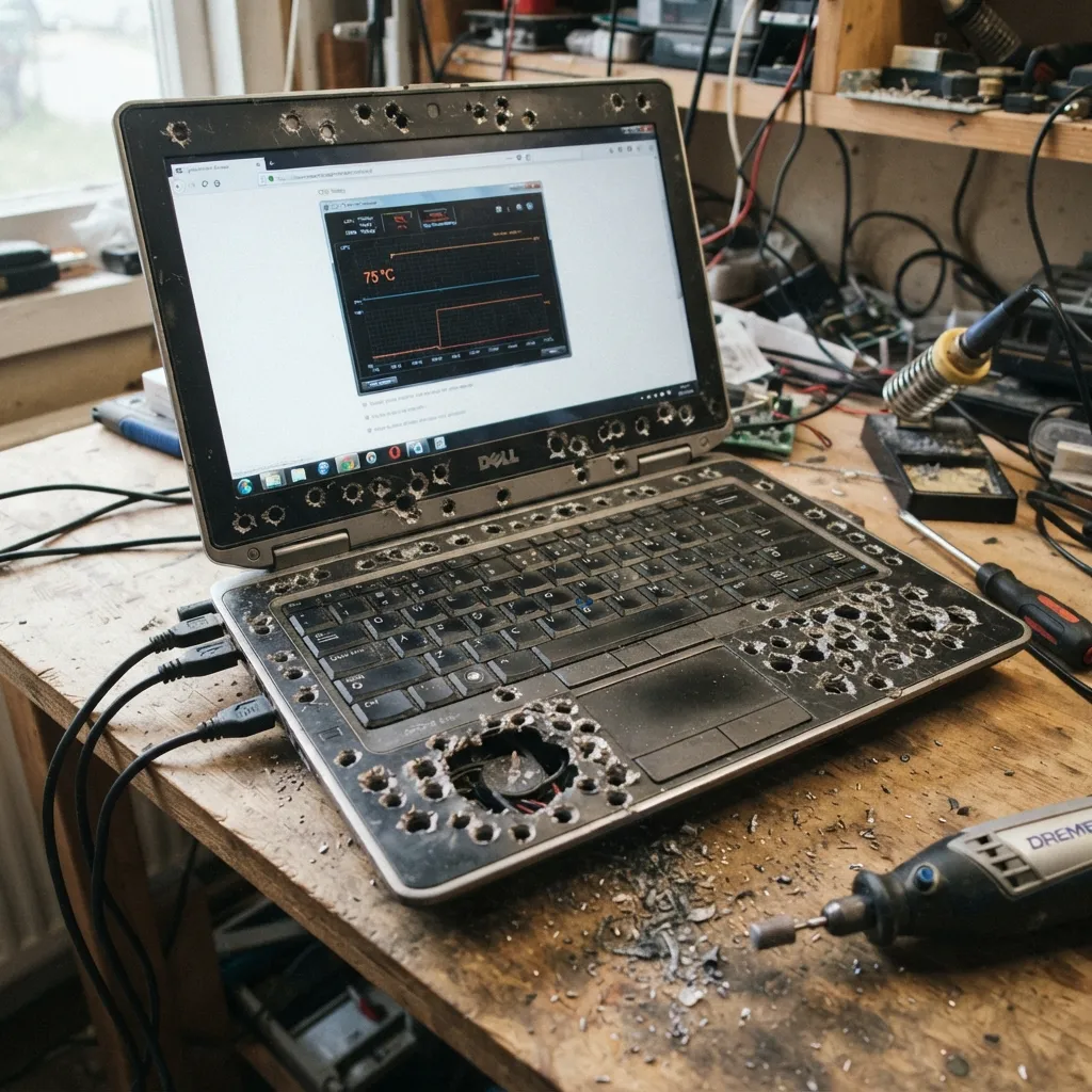 A laptop covered in numerous drilled holes for custom ventilation, displaying a temperature monitoring graph on its screen.