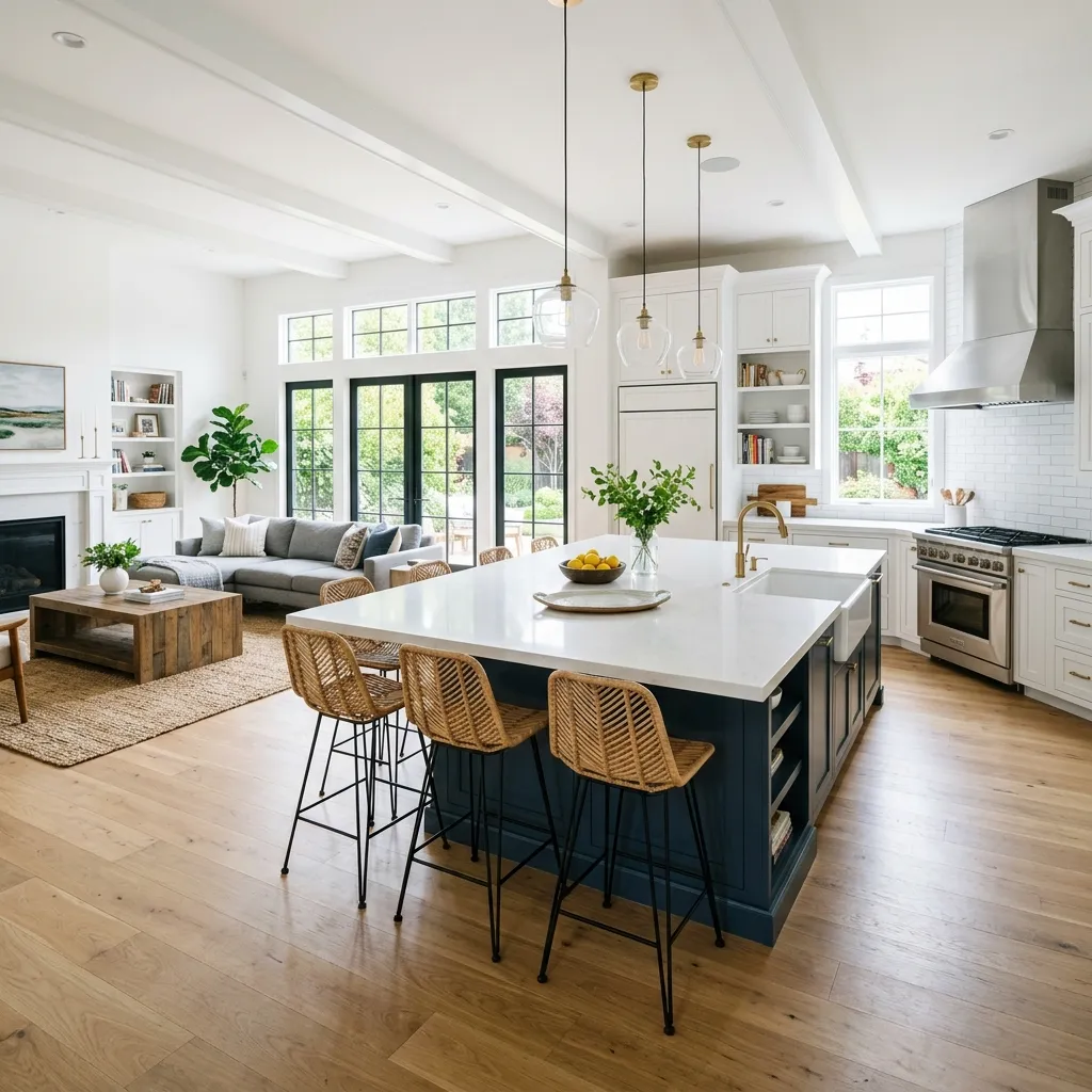 An open-concept living room and kitchen featuring a large blue-base island with rattan barstools, hardwood floors, a white brick accent wall, and an adjacent seating area with a gray sofa.