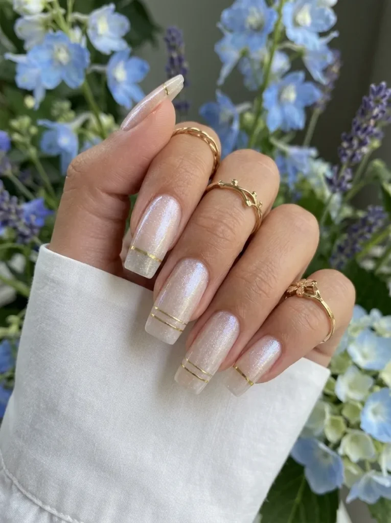 Long shimmering white nails with horizontal fine gold stripes