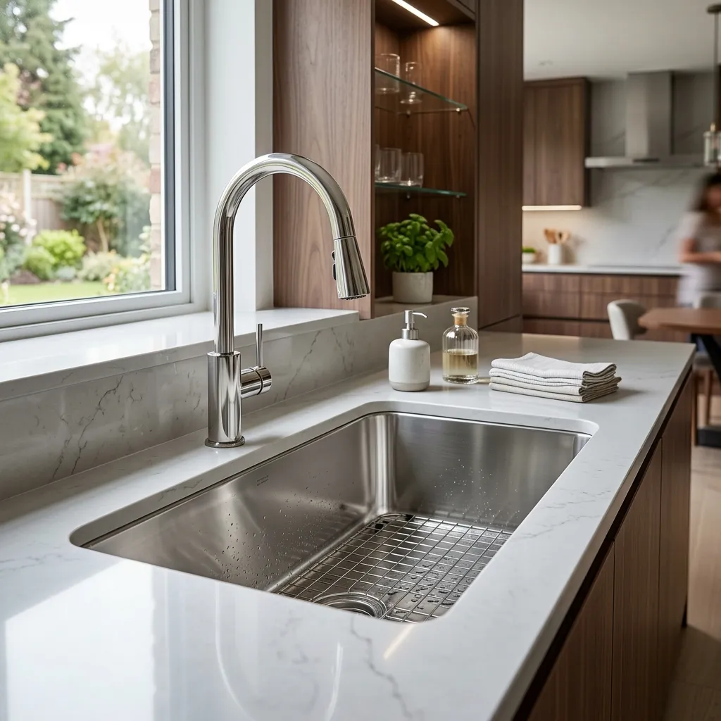 A stainless steel undermount sink with a gooseneck faucet set into a white quartz countertop in a modern kitchen.