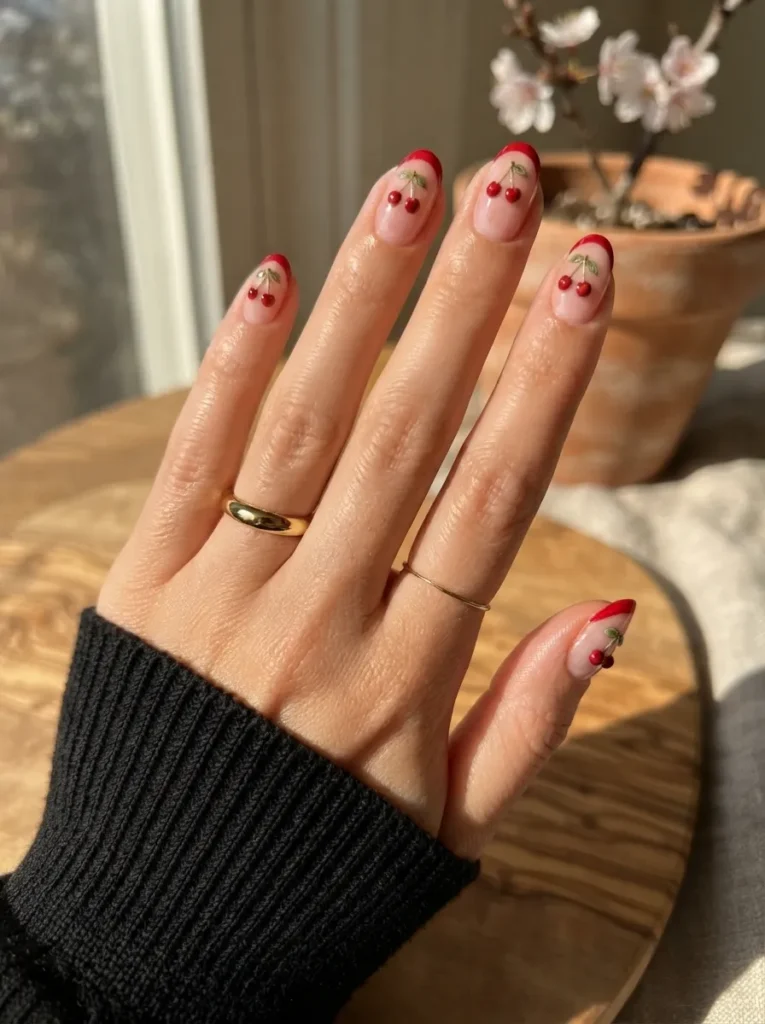 Hand resting on a wooden surface near a potted plant, showing almond nails with vibrant red micro-French tips and tiny painted cherry accents, accessorized with gold rings.