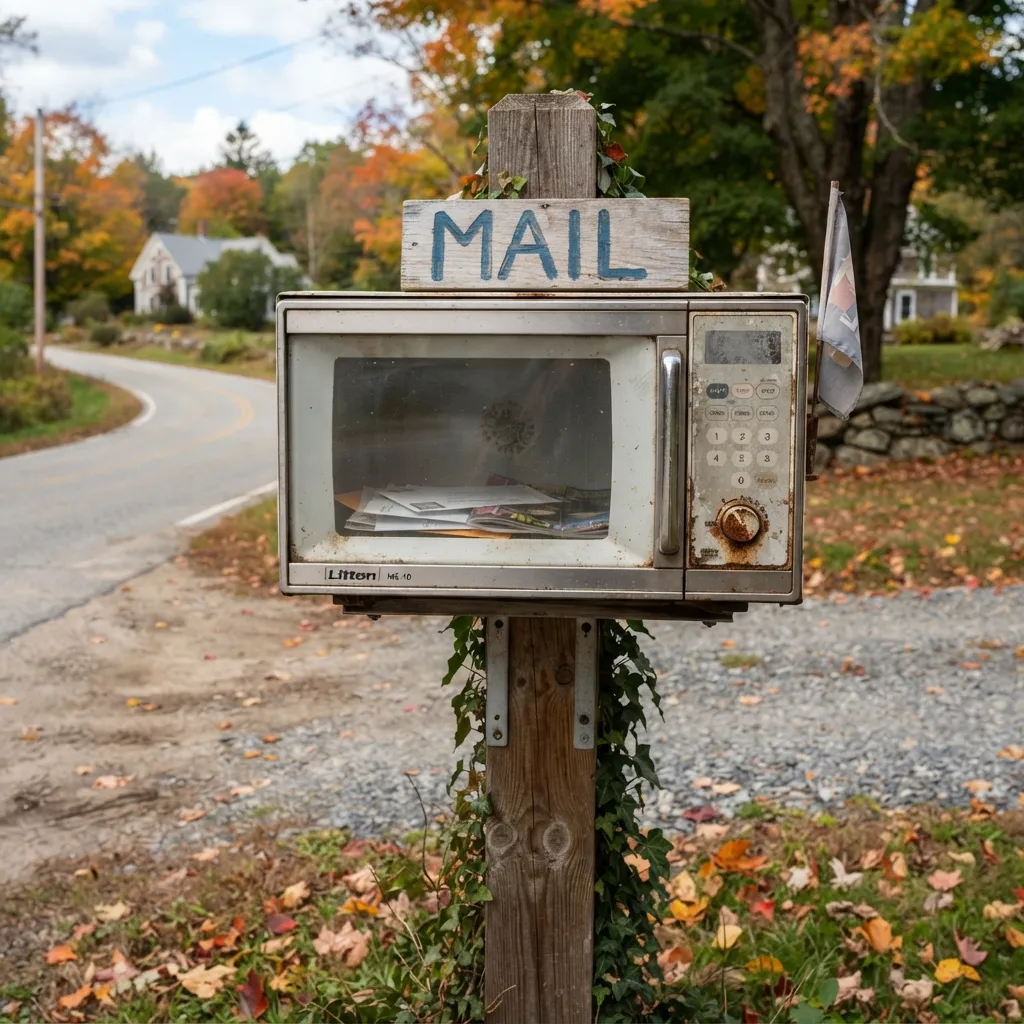 An old microwave oven mounted on a wooden post and used as a mailbox by a rural roadside.