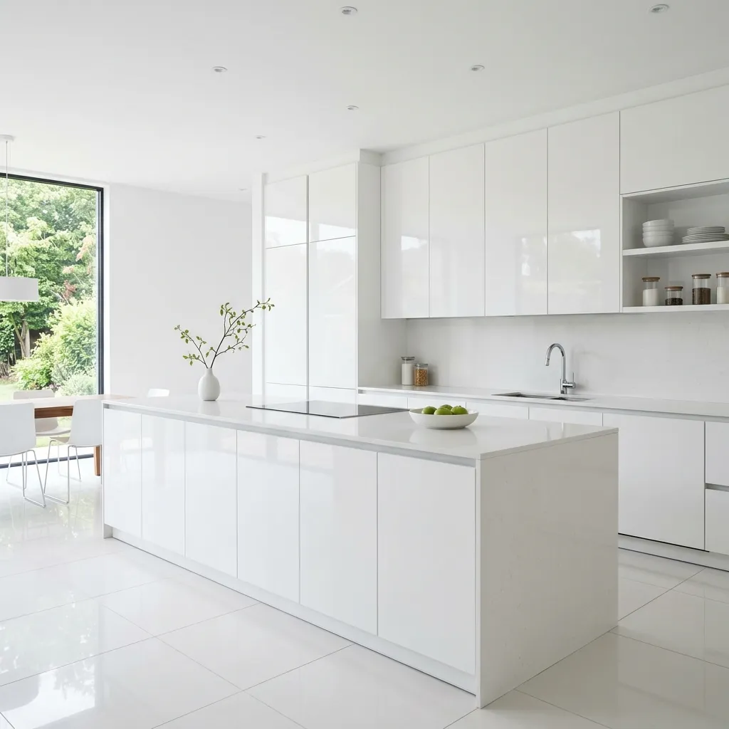 A sleek, all-white minimalist kitchen featuring a large central island with a built-in cooktop, high-gloss cabinets, and large windows overlooking green foliage.