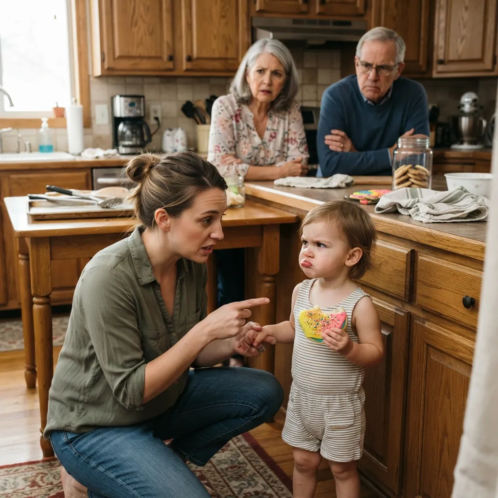 A mother crouching down to sternly correct her upset toddler holding a decorated cookie in a kitchen, while grandparents look on disapprovingly in the background.