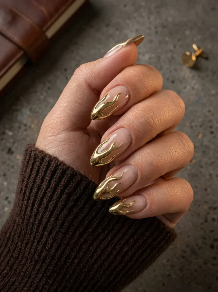 Nude almond nails with 3d sculpted gold flame art