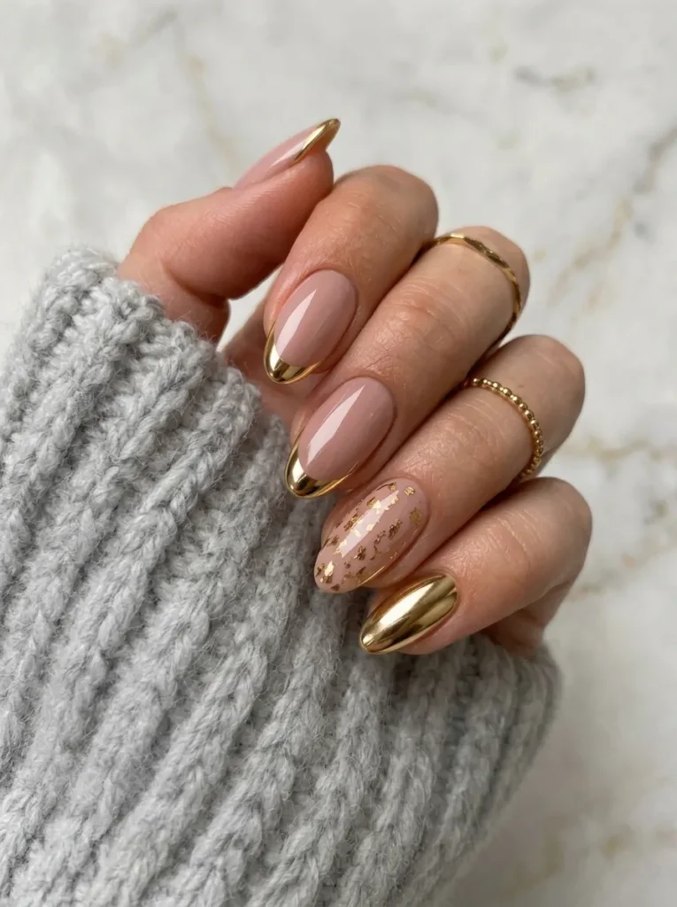 Nude almond nails with gold chrome tips and floss foil accents