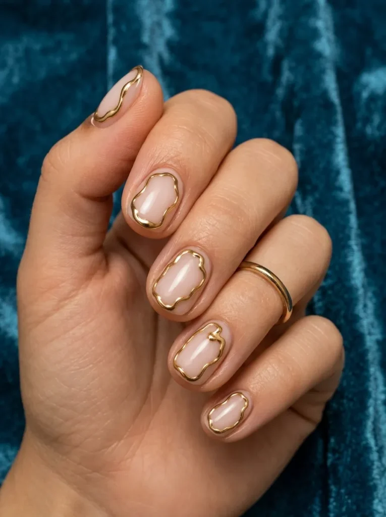 Nude nails with raised sculptural gold border outlines