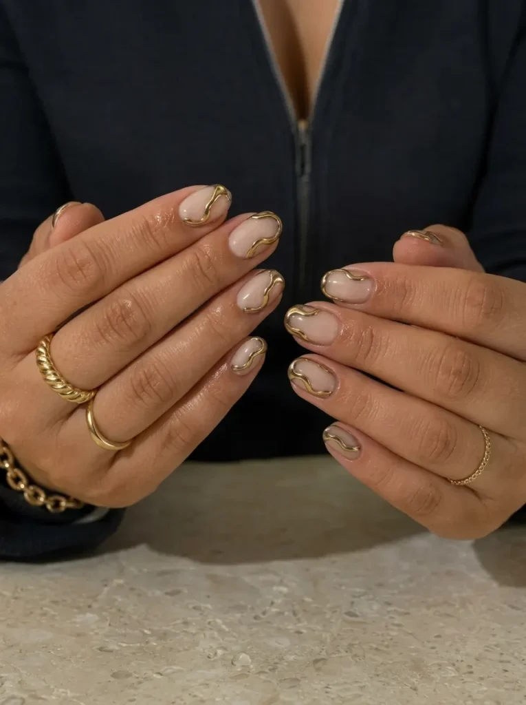 Nude oval nails with minimalist gold outline swirls