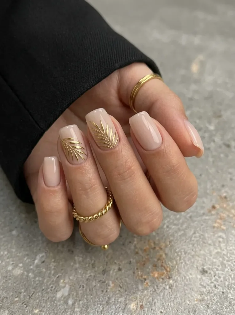 Nude square nails featuring delicate gold leaf branch art