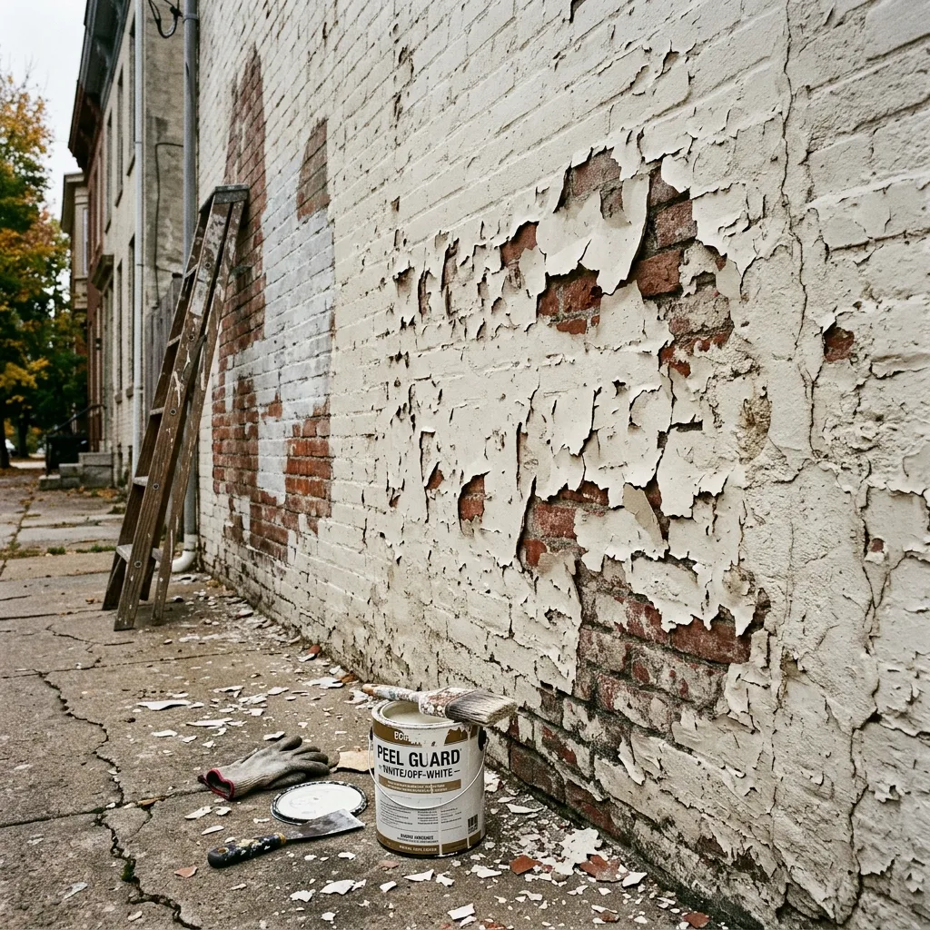 An exterior painted brick wall with extensive peeling white paint, showing red bricks underneath, with a ladder and a can of paint on the concrete ground.