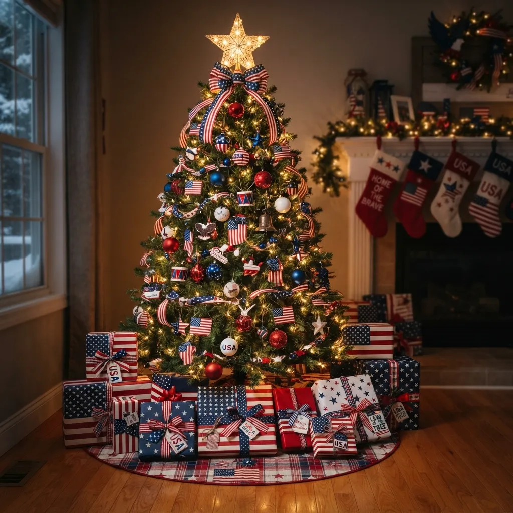A patriotic-themed Christmas tree decorated with red, white, and blue ornaments, star-spangled ribbons, and a lighted star topper, surrounded by matching gift boxes wrapped in American flag patterns on a plaid tree skirt.