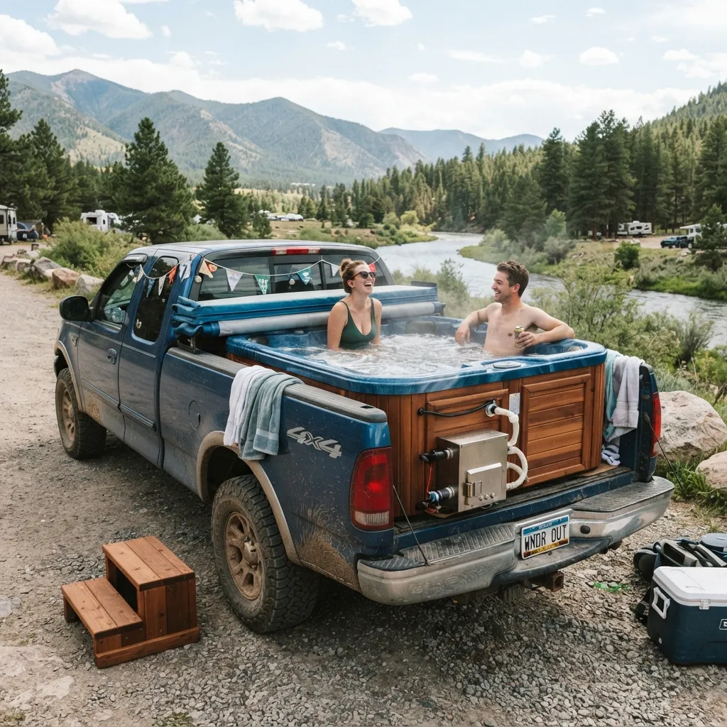 A couple relaxing inside a portable hot tub installed in the bed of a blue pickup truck parked near a river and mountains.