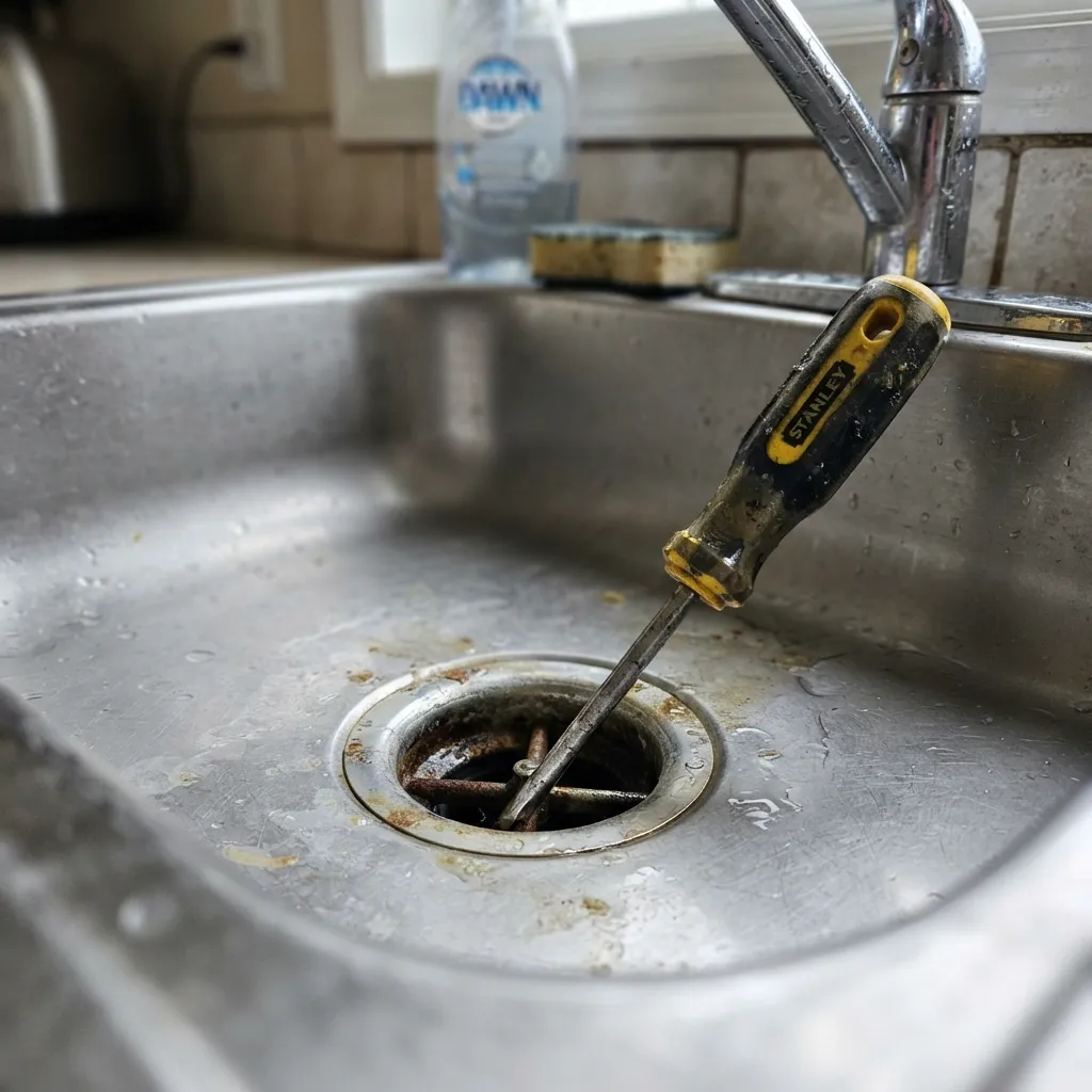 A Stanley screwdriver wedged diagonally into the rusted drain of a stainless steel kitchen sink.