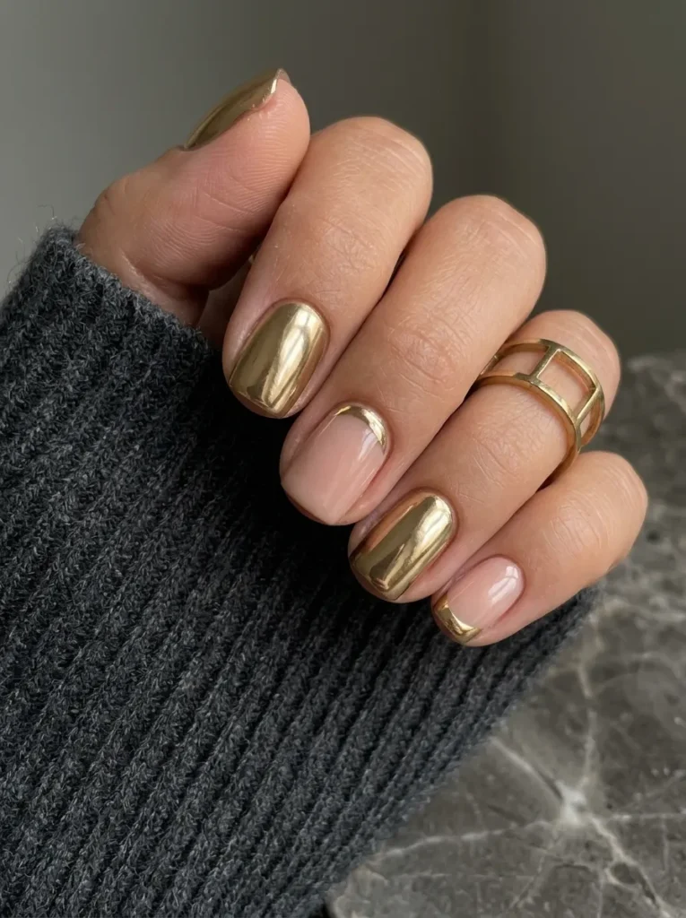 Short nude nails with full gold chrome and french tip mix