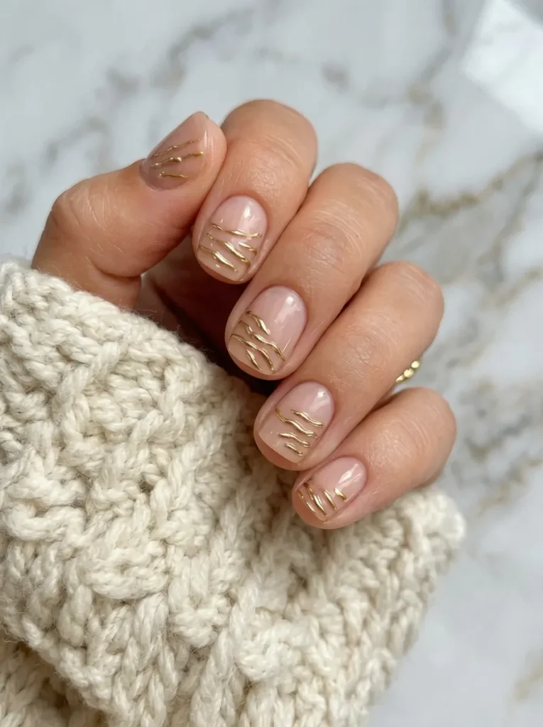 Short nude nails with raised metallic gold horizontal zebra stripes