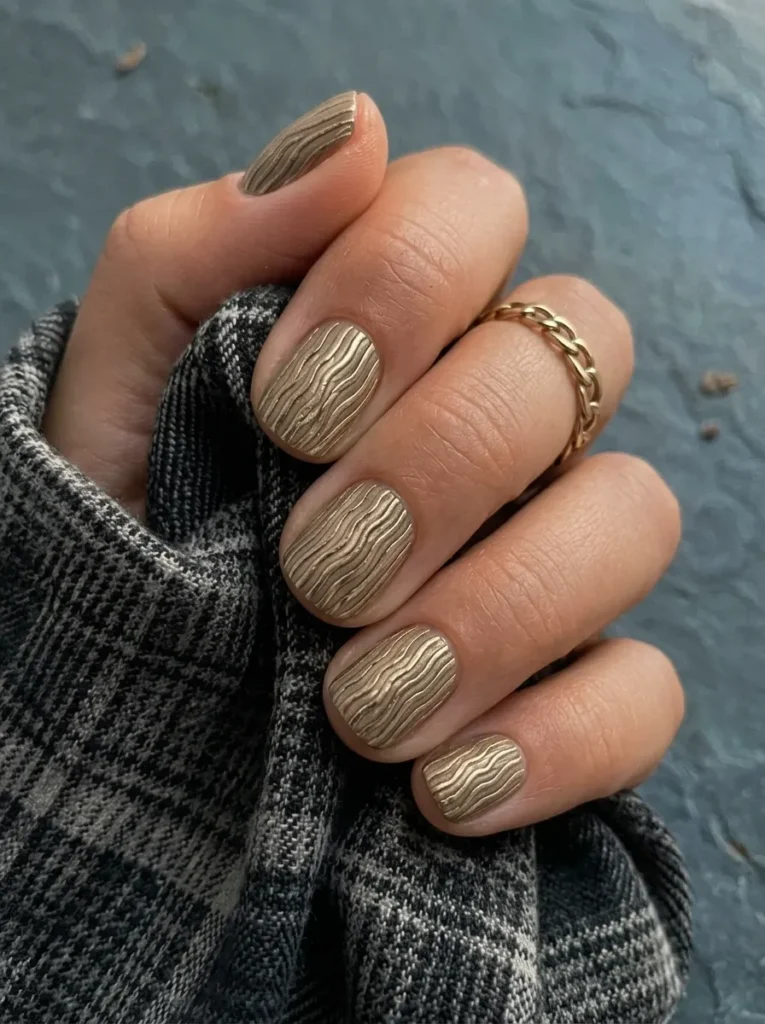 Short square nails with textured metallic gold wavy pattern