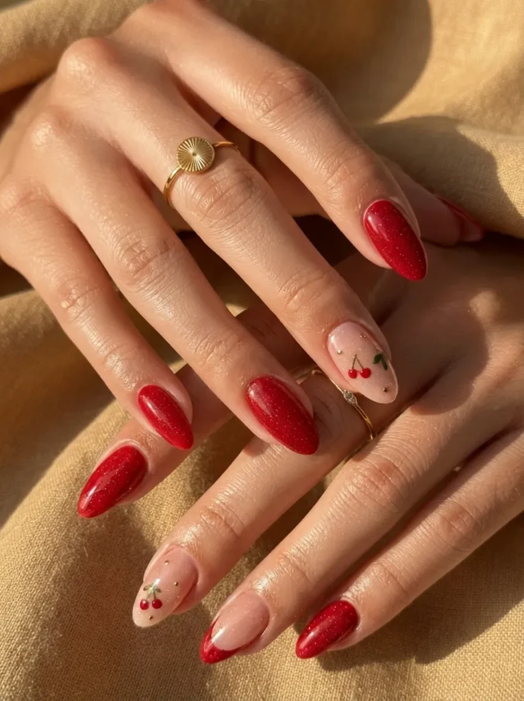 Close-up of hands with almond-shaped nails featuring a mix of sparkling red polish and sheer accent nails with delicate cherry artwork, accessorized with a gold ring.