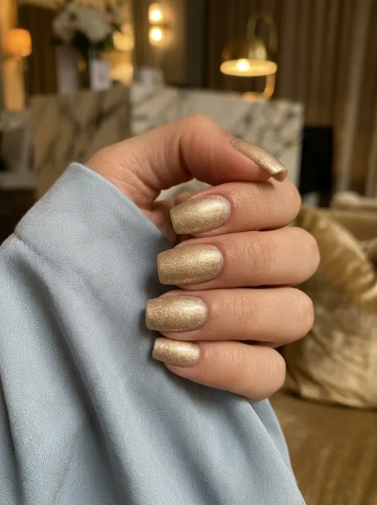 Square champagne shimmer gel nails with glitter finish