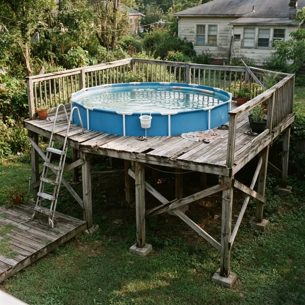 An above-ground swimming pool installed on a raised wooden deck in a backyard.