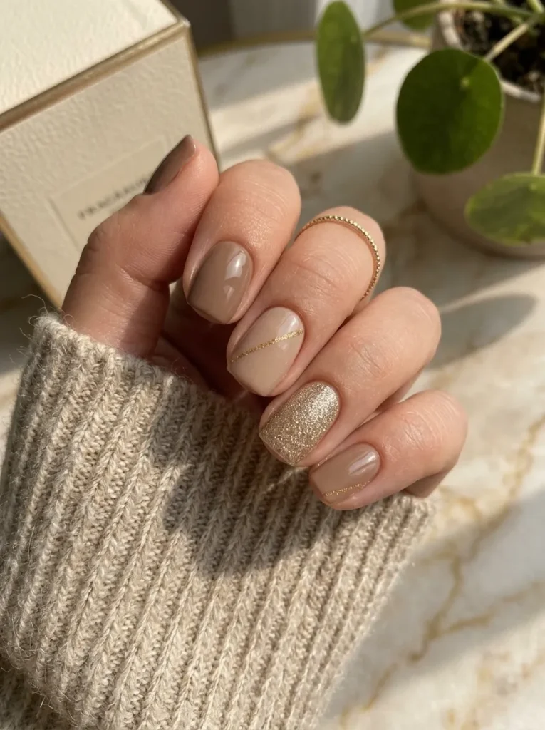 Taupe and nude short nails with gold glitter and stripe details