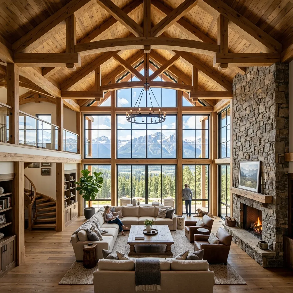 A spacious rustic living room featuring a vaulted wooden beam ceiling, a towering stone fireplace, a massive two-story grid of windows with mountain views, and a large sectional sofa.