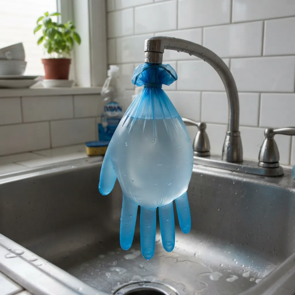 A blue disposable glove filled with water and tied securely to a kitchen sink faucet.