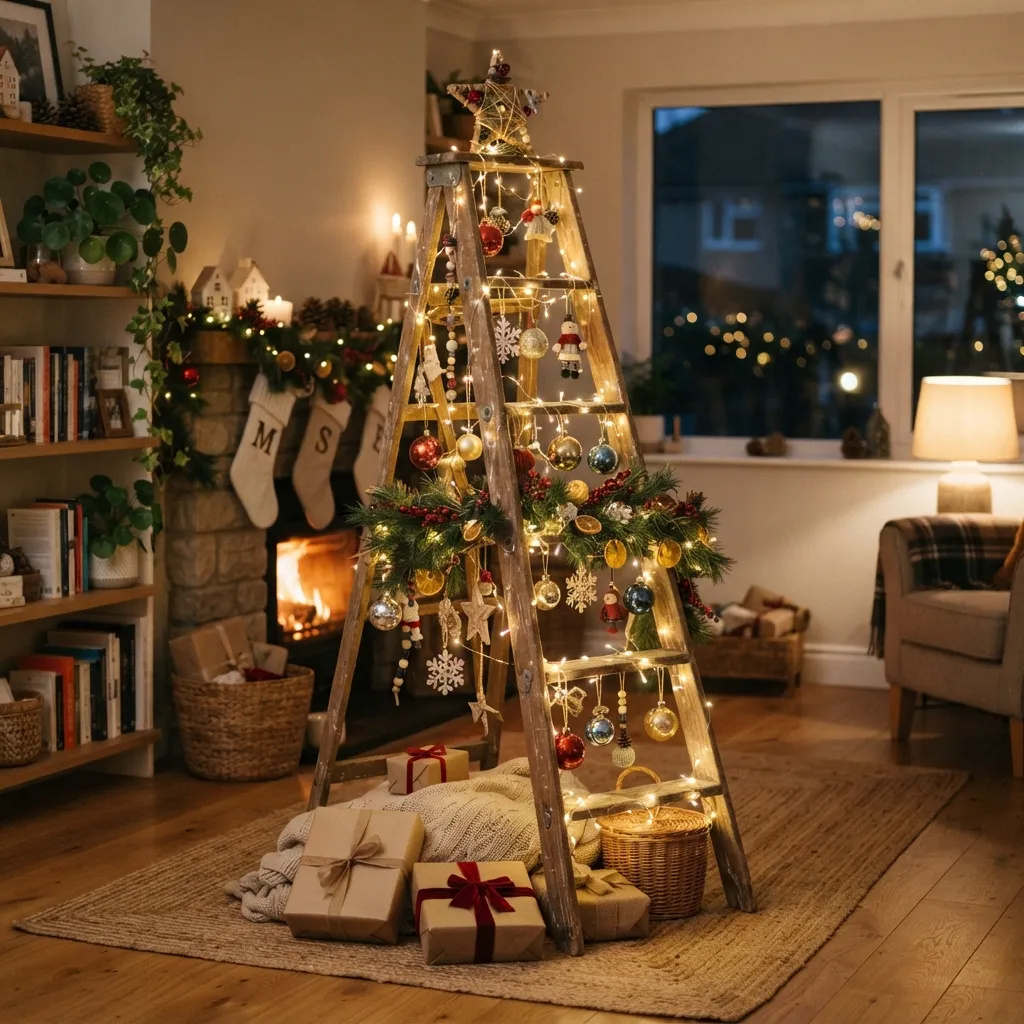 A rustic wooden ladder decorated with fairy lights, ornaments, and garland to resemble a Christmas tree in a living room.